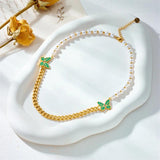 316L Stainless Steel Green Butterfly Pearl Necklace For Women Girl Choker Chain