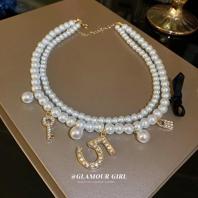 Layered Pearl Choker Charm Chain Necklace