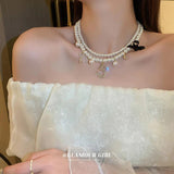 Layered Pearl Choker Charm Chain Necklace