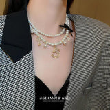 Layered Pearl Choker Charm Chain Necklace