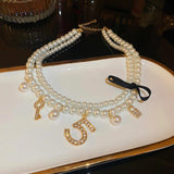 Layered Pearl Choker Charm Chain Necklace
