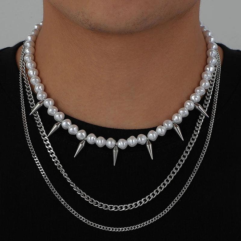 Triple Layer Men Pearl Stab Pendant Necklace Choker Hiphop Stuff