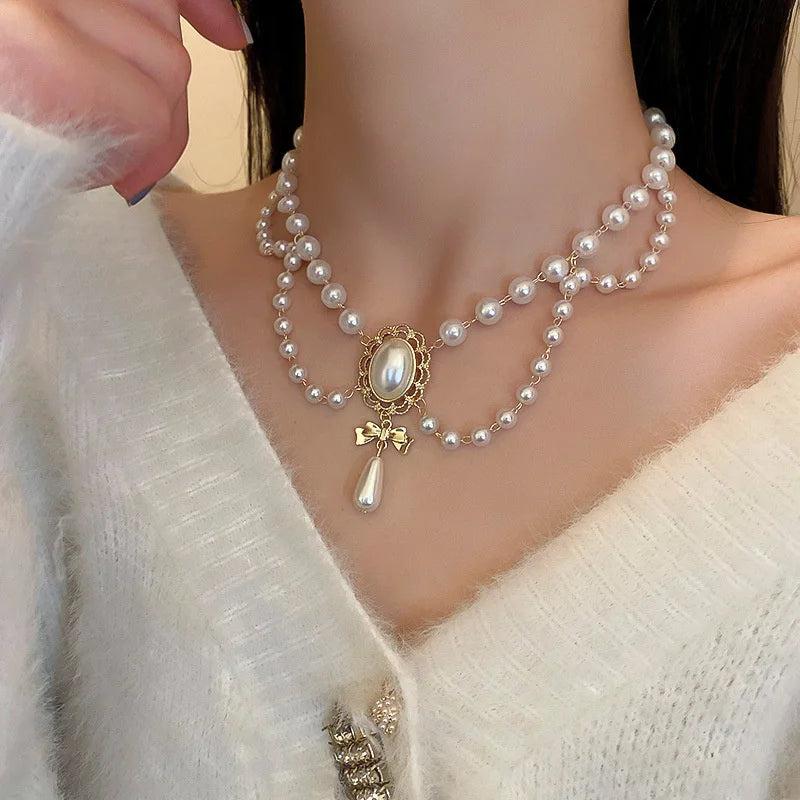 Bowknot Choker Necklace Oval Pearl Jewelry for Women