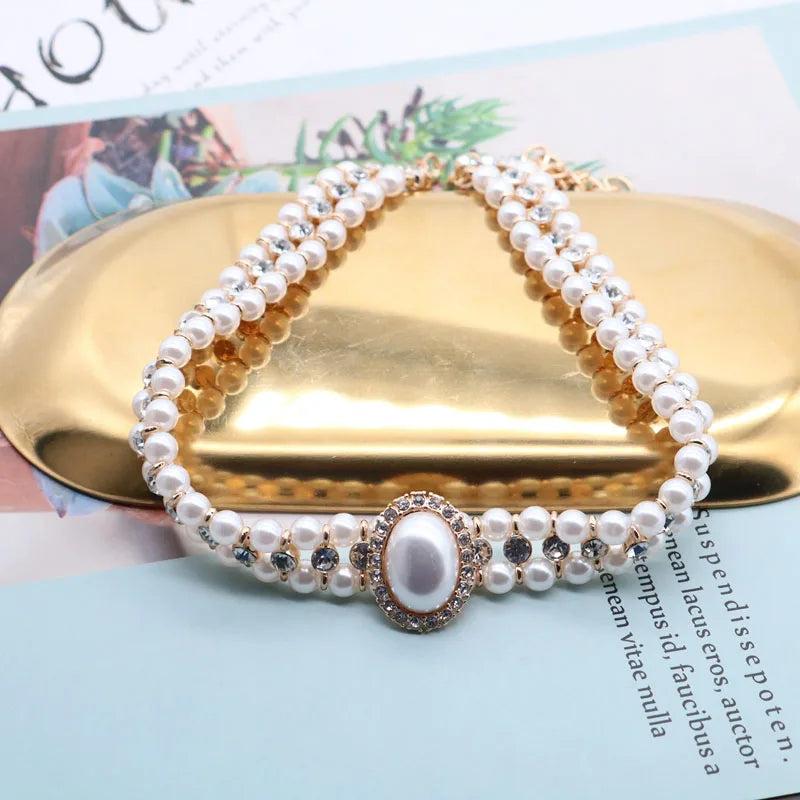 Rhinestone Choker Necklace Double Pearls Short Party Jewelry