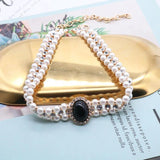 Rhinestone Choker Necklace Double Pearls Short Party Jewelry