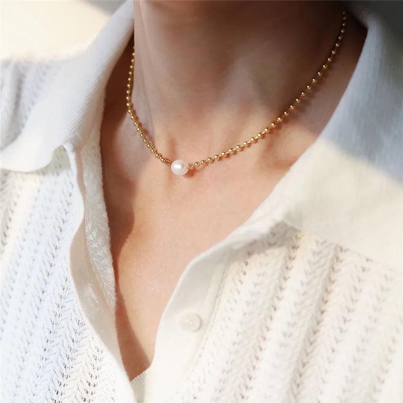 French Freshwater Pearl Bead Chain Necklace Stainless Steel 18k Plated