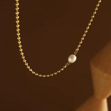 French Freshwater Pearl Bead Chain Necklace Stainless Steel 18k Plated