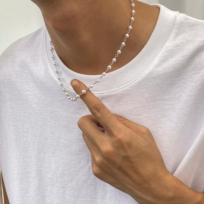 Men's Short Choker Necklace with Small Pearl Beads Chain