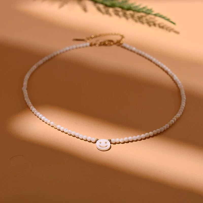 Mother of Pearl Smile Choker Shell Beads Necklace Stainless Steel Happy