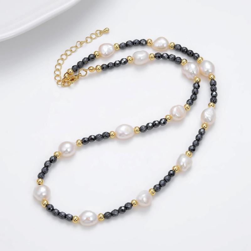 Baroque Pearl Necklace Hematite Beads Charm Collar Jewelry