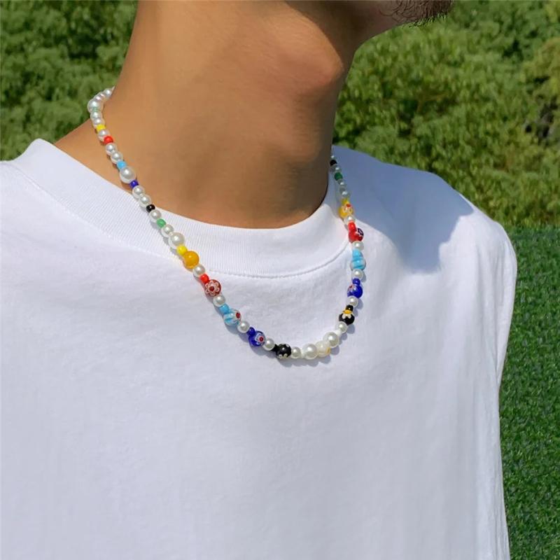 Boho Flower Bead Chain Necklace Men Punk Choker