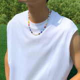 Boho Flower Bead Chain Necklace Men Punk Choker