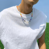 Boho Flower Bead Chain Necklace Men Punk Choker