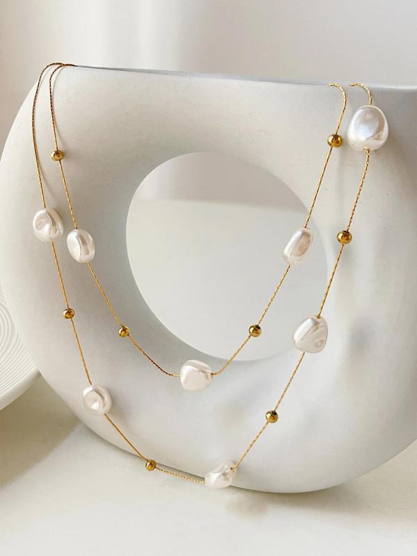 Peri'sBox Double Layered Pearl Necklace Stainless Steel
