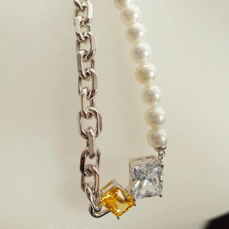 Candy Crystal Round Pearls Thick Chain Necklace For Women Girl Jewelry