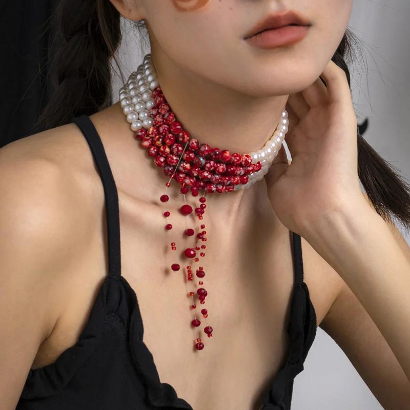 4 Strand Bloody Pearl Layered Gothic Choker Necklace