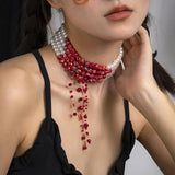 4 Strand Bloody Pearl Layered Gothic Choker Necklace