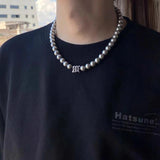 Grey Pearl Choker Necklace Man Stainless Steel Letter Personalized