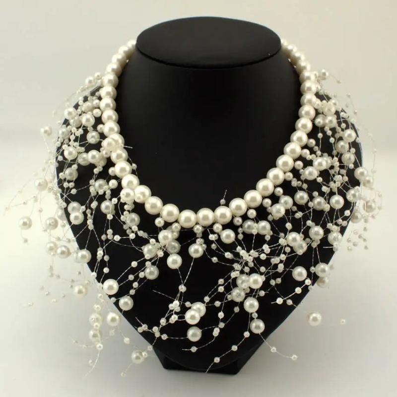 Simulated Pearl Necklaces Beads Collar Choker For Women Long Pendant