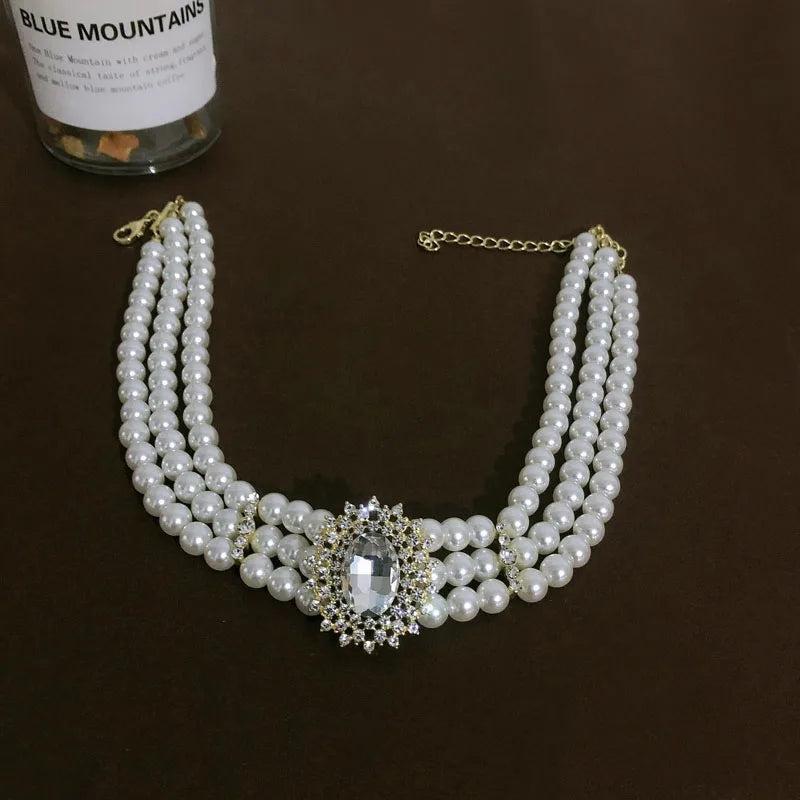 Multilayer Pearl Choker Crystal Rhinestones Bib Necklace