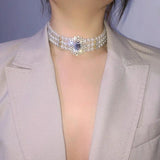 Multilayer Pearl Choker Crystal Rhinestones Bib Necklace