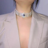 Multilayer Pearl Choker Crystal Rhinestones Bib Necklace
