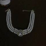 Multilayer Pearl Choker Crystal Rhinestones Bib Necklace