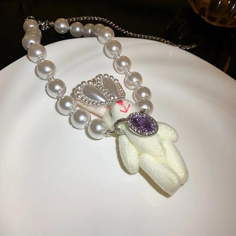 Rhinestone Plush Rabbit Pearl Choker Necklace