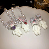 Rhinestone Plush Rabbit Pearl Choker Necklace