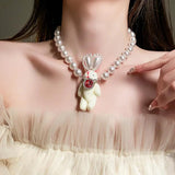 Rhinestone Plush Rabbit Pearl Choker Necklace