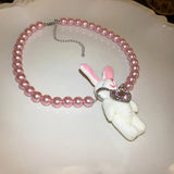 Rhinestone Plush Rabbit Pearl Choker Necklace