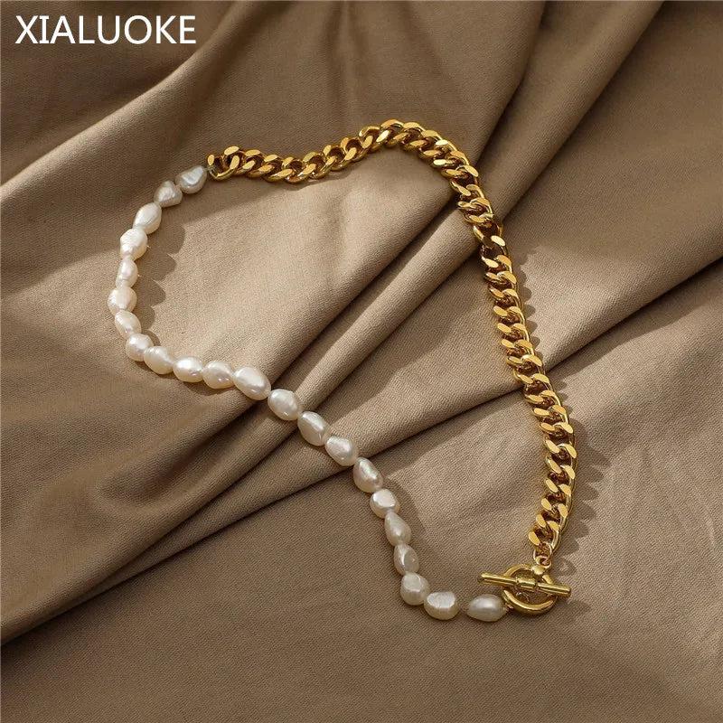 Punk Metal Chain Pearl Necklace Baroque Beaded Chokers Necklaces Party Jewelry