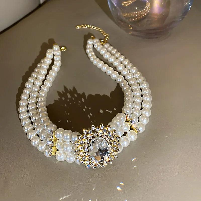 Vintage Baroque Multilayer Pearl Chain Choker Necklace for Women
