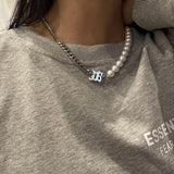 Pearl Letter Stitching Choker Necklaces INS Niche Male Net Hip Hop Necklace