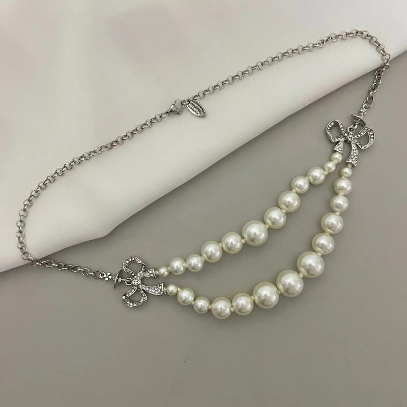 French Double Layer Pearl Rhinestone Bow Choker Necklace