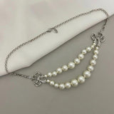 French Double Layer Pearl Rhinestone Bow Choker Necklace