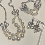 French Double Layer Pearl Rhinestone Bow Choker Necklace