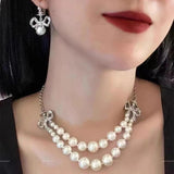 French Double Layer Pearl Rhinestone Bow Choker Necklace