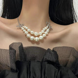 French Double Layer Pearl Rhinestone Bow Choker Necklace