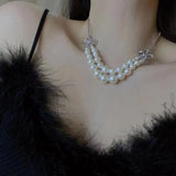 French Double Layer Pearl Rhinestone Bow Choker Necklace