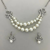 French Double Layer Pearl Rhinestone Bow Choker Necklace