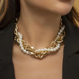 Boho Pearl Beaded Twist Necklace Vintage Metal Thick Chain Clavicle
