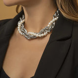 Boho Pearl Beaded Twist Necklace Vintage Metal Thick Chain Clavicle