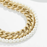 Boho Pearl Beaded Twist Necklace Vintage Metal Thick Chain Clavicle