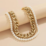 Boho Pearl Beaded Twist Necklace Vintage Metal Thick Chain Clavicle