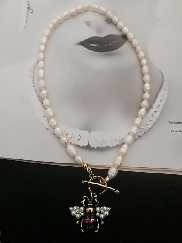 Vintage Pearl Choker Bees Necklace Crystal Pendant Party Jewelry