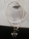 Vintage Pearl Choker Bees Necklace Crystal Pendant Party Jewelry