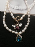 Vintage Pearl Choker Bees Necklace Crystal Pendant Party Jewelry