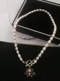Vintage Pearl Choker Bees Necklace Crystal Pendant Party Jewelry