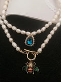 Vintage Pearl Choker Bees Necklace Crystal Pendant Party Jewelry